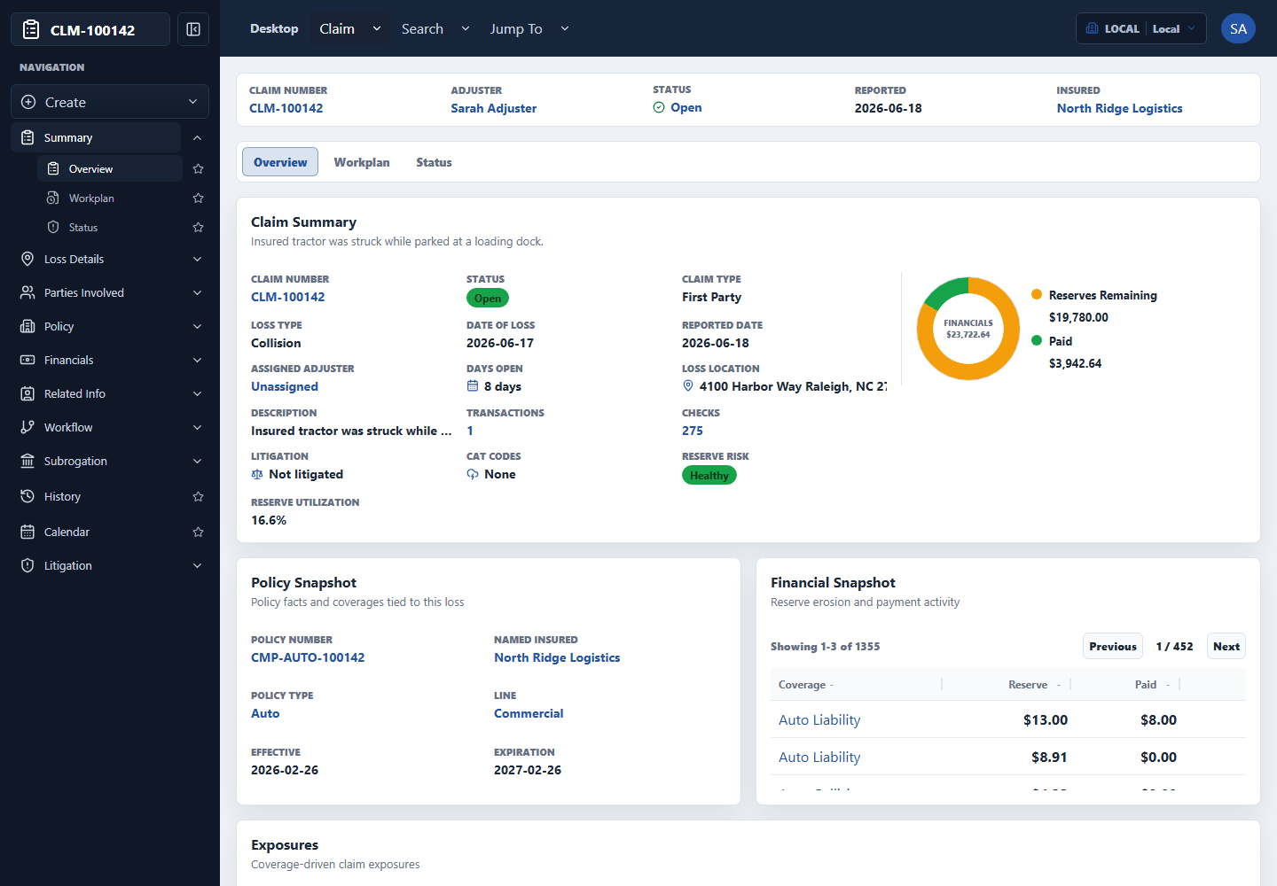 Claim Manager claim summary screen